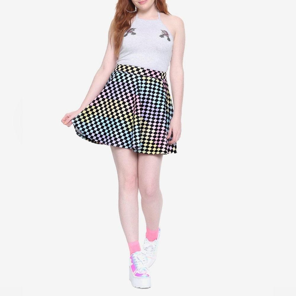 Hot Topic Women's Skirt Small Rainbow Pastel Black Checkered Mini **CLEARANCE**